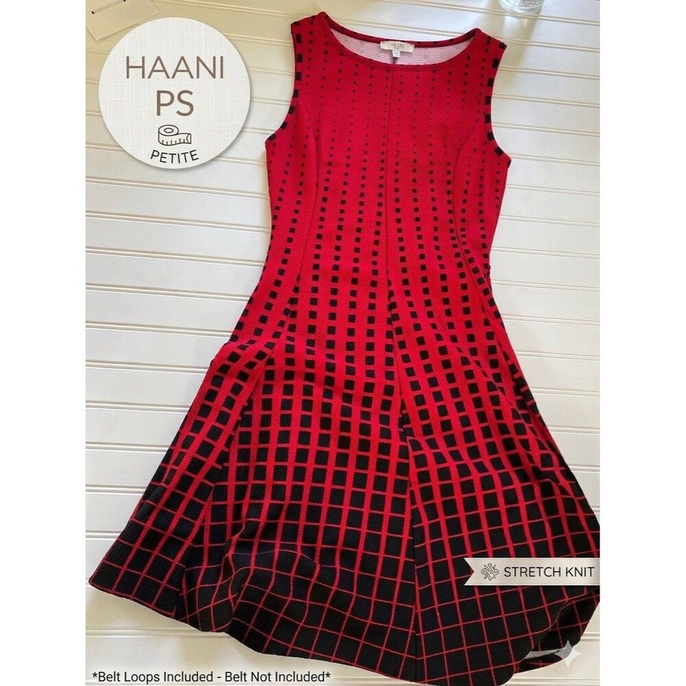 HAANI Petite Red Black Geometric Check Fit & Flare Sleeveless Dress Size PS